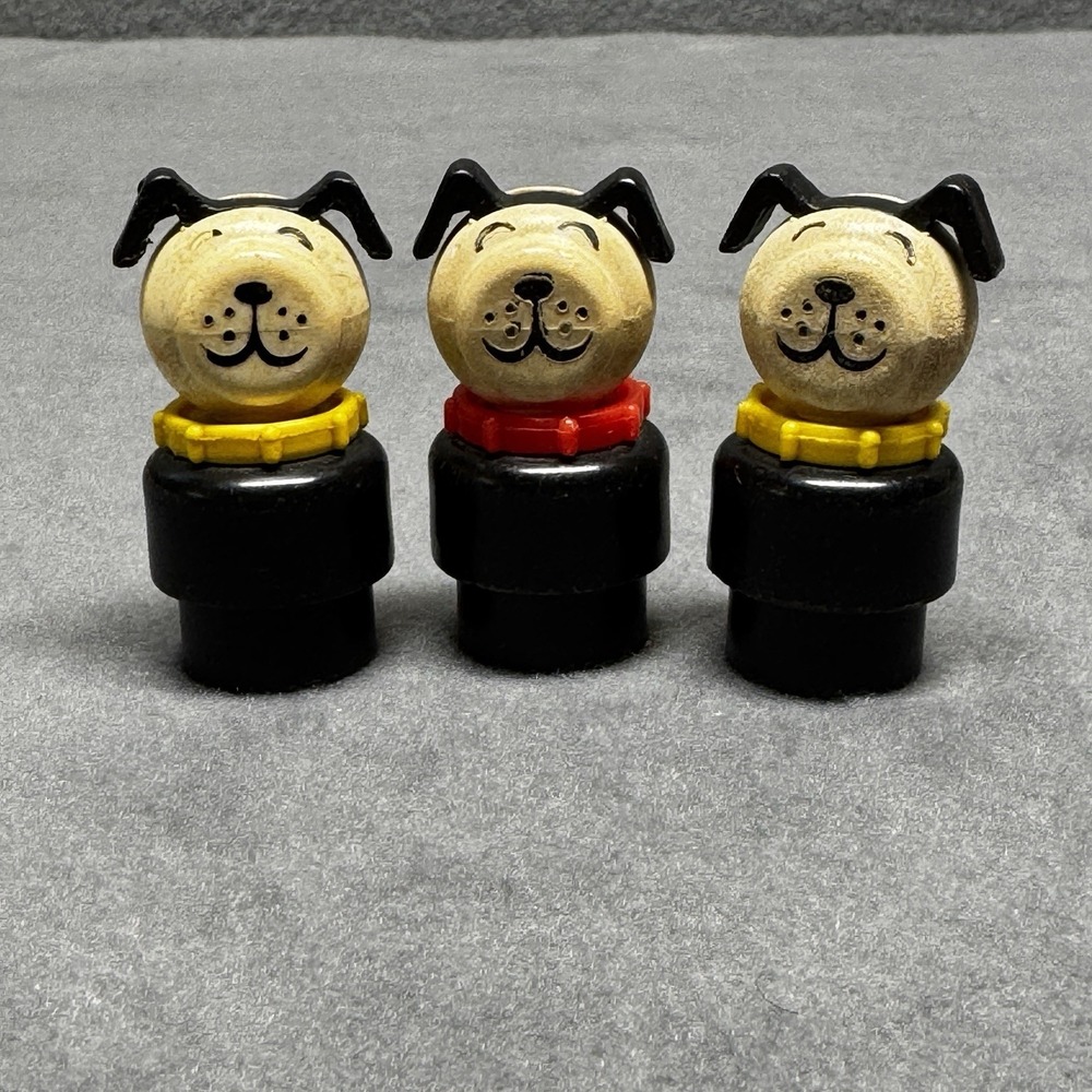 3 Vintage Fisher Price Little People Happy Dog Red & Yellow Collar 1970s